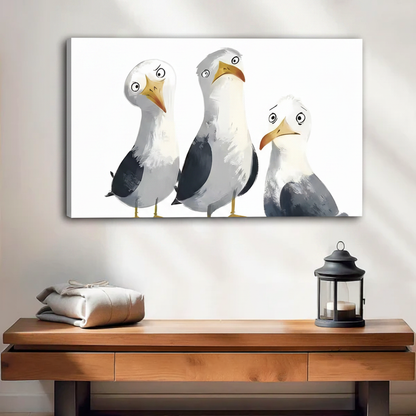 Funny seagull trio unframed canvas print displayed above a wooden console with lantern and linen decor