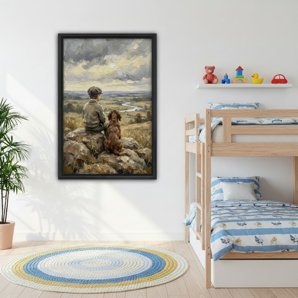 Vintage boy and dog framed oil painting wall art on bedroom wall, countryside landscape home decor