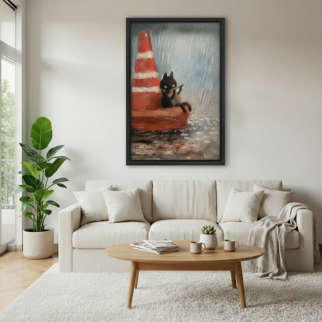 Black cat rain oil painting wall art above cream sofa — whimsical cat print, modern living room decor