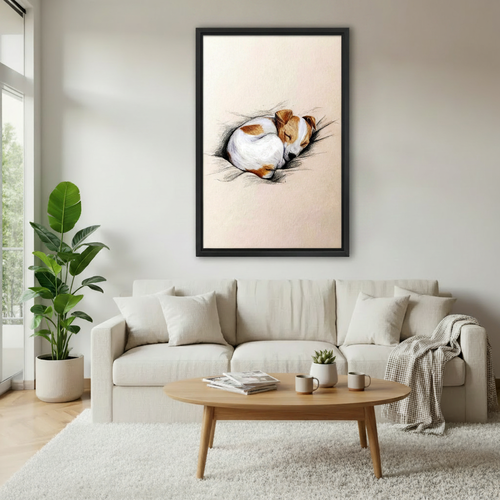 Sketched sleeping dog framed canvas wall art hanging in a bright living room — minimalist pet illustration print for modern home decor