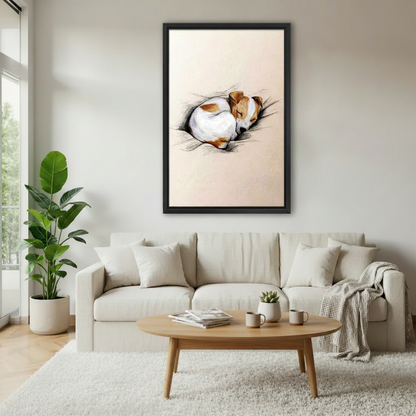 Sketched sleeping dog framed canvas wall art hanging in a bright living room — minimalist pet illustration print for modern home decor