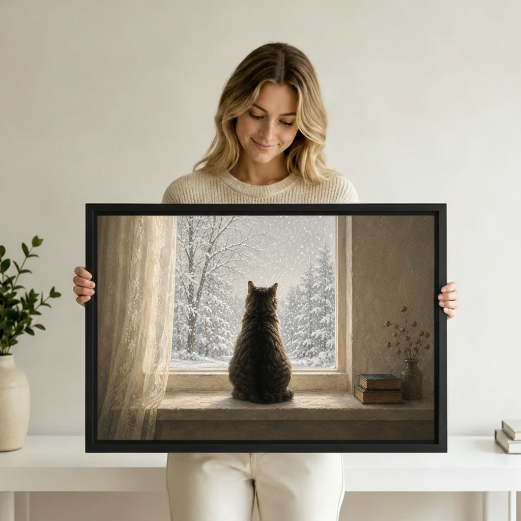 Woman holding cat watching snowfall framed wall art print, cozy winter oil painting canvas