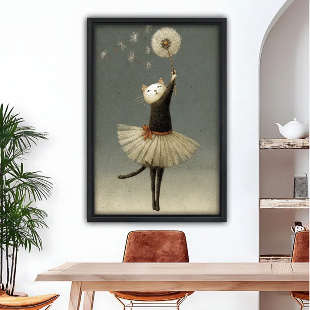 Ballerina cat holding dandelion framed canvas wall art above dining table, whimsical black cat in tutu dreamy home decor