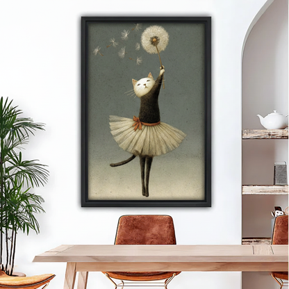 Ballerina cat holding dandelion framed canvas wall art above dining table, whimsical black cat in tutu dreamy home decor