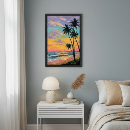 Tropical Beach Sunset Palm Tree Oil Painting Wall Art l1986