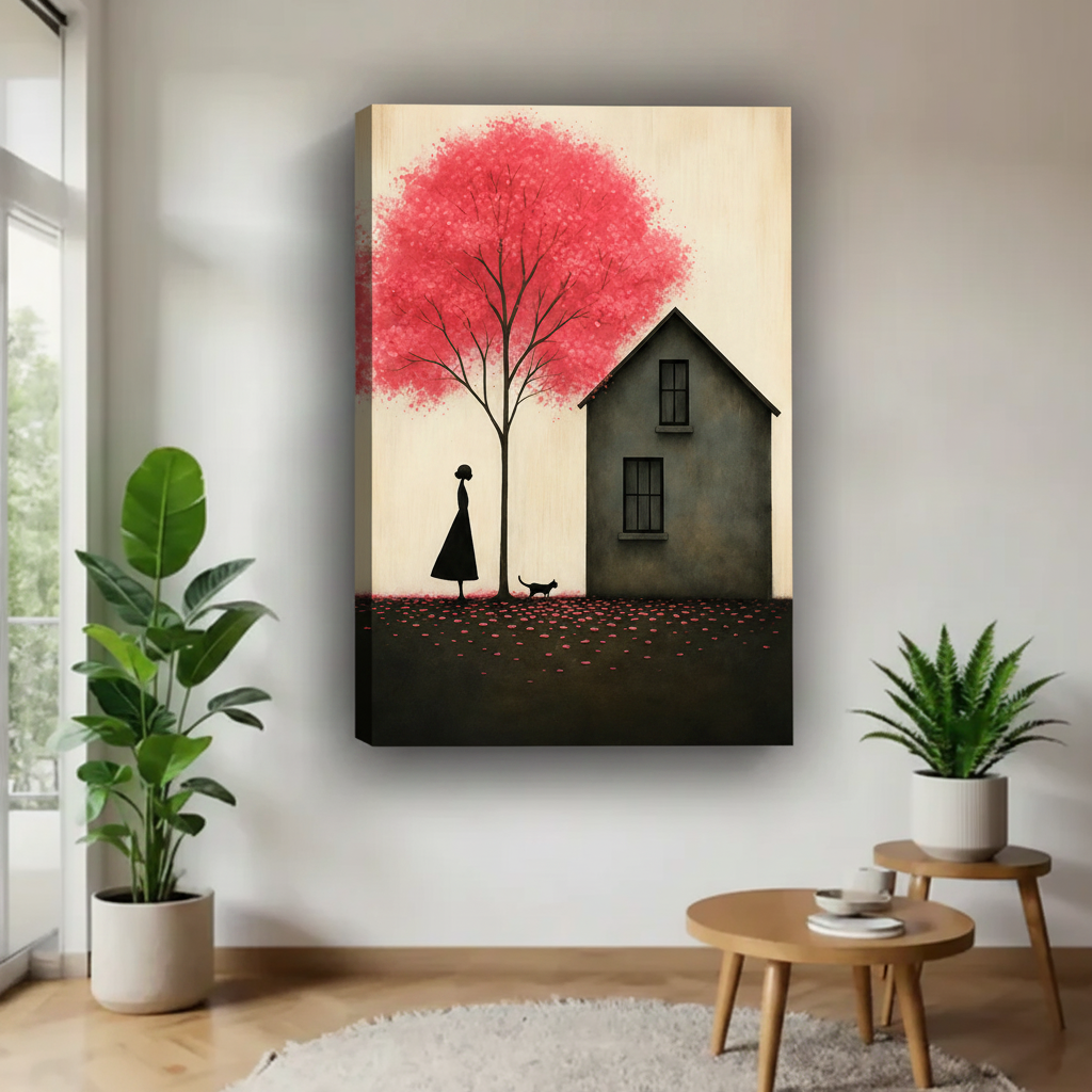 Minimalist red tree girl cat gallery wrap canvas art print — frameless silhouette wall decor for cozy interiors