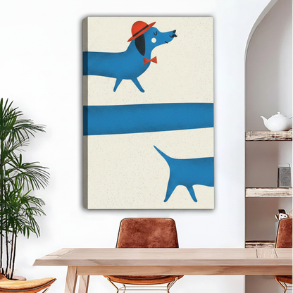Blue dachshund unframed canvas art leaning against dining room wall, retro dog illustration print, quirky home decor