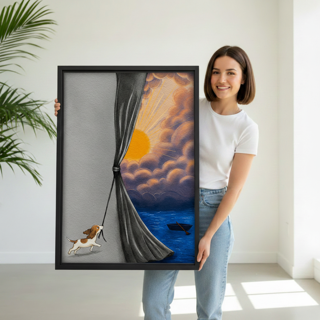 Woman holding large whimsical dog sunrise framed canvas print – fantasy wall art