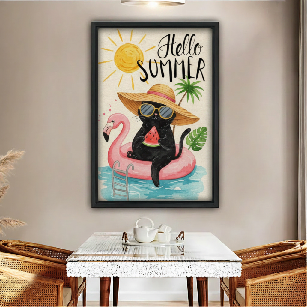 Hello Summer black cat framed canvas wall art with flamingo pool float and watermelon on dining room wall