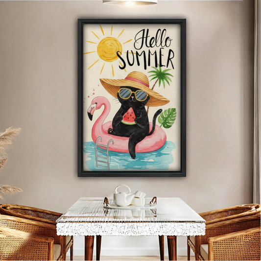 Hello Summer black cat framed canvas wall art with flamingo pool float and watermelon on dining room wall