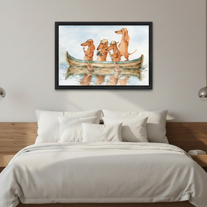 Dachshund canoe watercolor canvas wall art close-up — charming adventure dog illustration ideal for hallway or living room