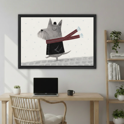 Whimsical dog walking in snow canvas print, living room wall art gift