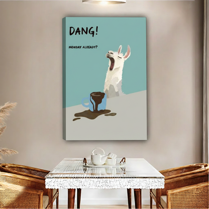 Funny llama Monday coffee spill gallery wrap canvas wall art, relatable humor home decor