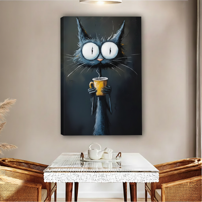 Wide-eyed black cat with yellow coffee mug dark moody oil painting float frame canvas wall art above glass dining table with rattan chairs and white tea set in contemporary boho dining room