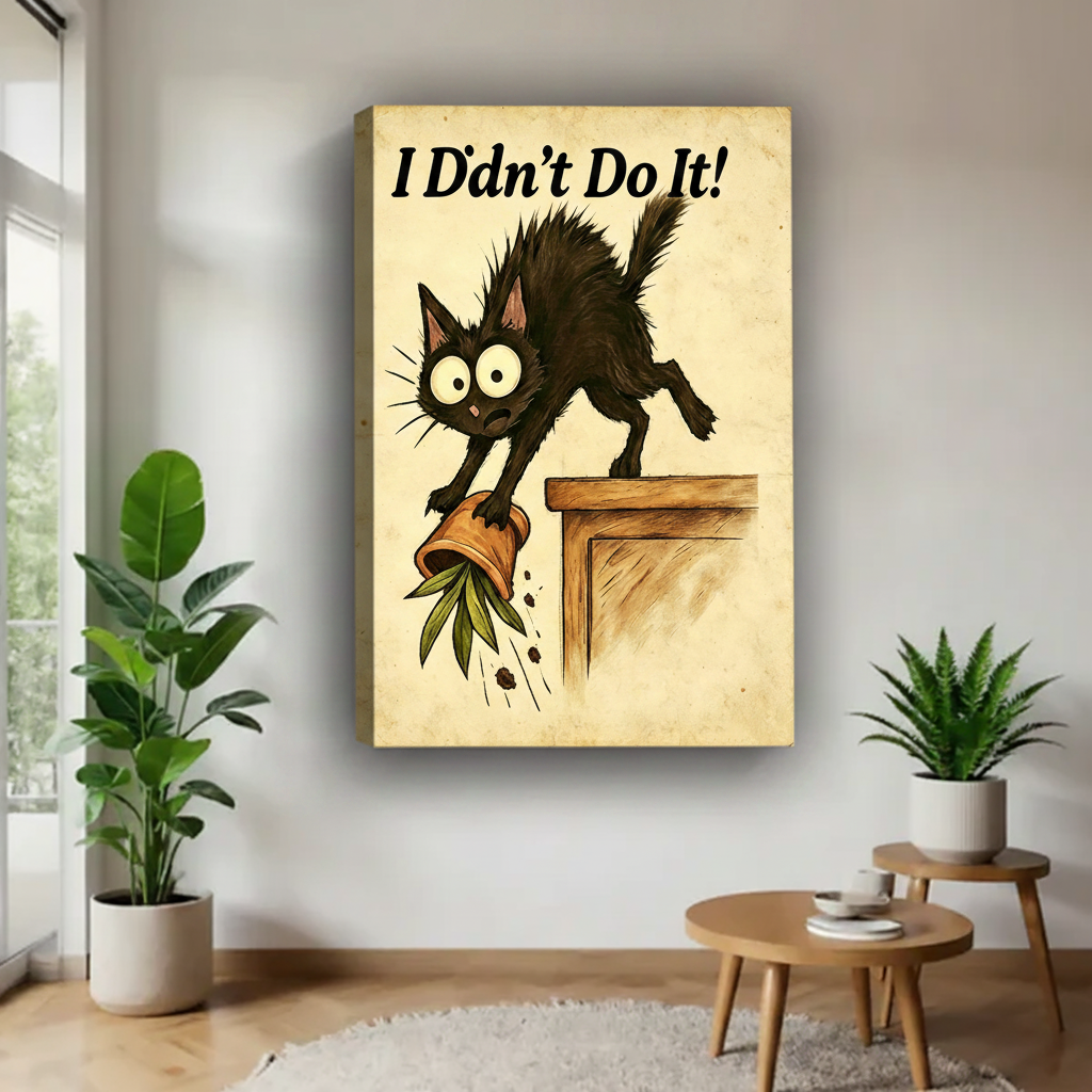 Gallery-wrapped black cat canvas print, humorous "I Didn't Do It" cat pushing plant off table, frameless wall art for modern living room