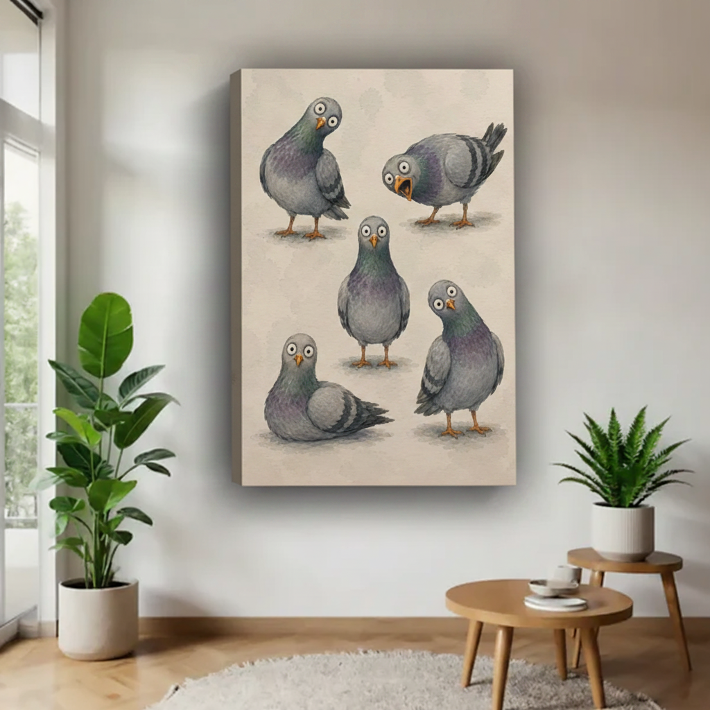 Five funny pigeons canvas wall art, frameless gallery wrap, whimsical vintage illustration on beige background, hung in a modern airy living room with indoor plants and round side table
