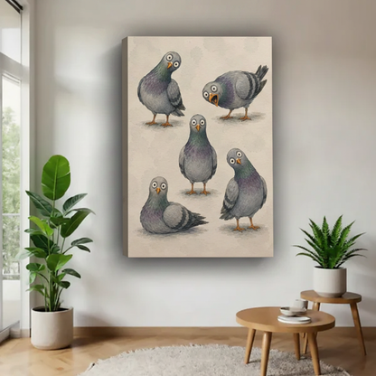 Five funny pigeons canvas wall art, frameless gallery wrap, whimsical vintage illustration on beige background, hung in a modern airy living room with indoor plants and round side table