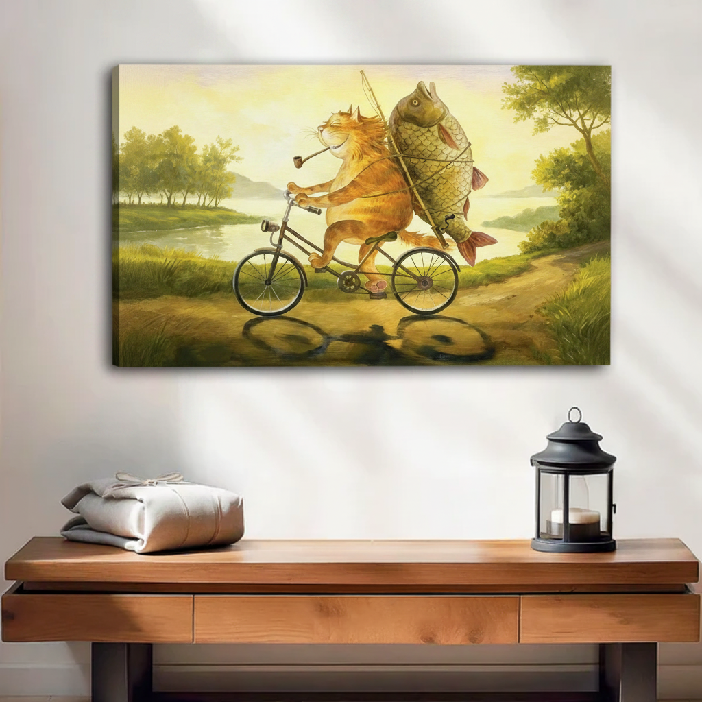 Whimsical fat cat cycling with giant fish unframed gallery wrap canvas above wooden console table, golden green tones