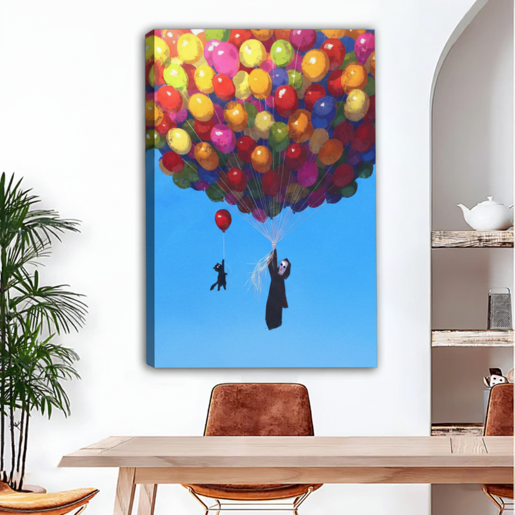 Black cat and grim reaper lifted by colorful balloons canvas wall art, frameless gallery wrap, vibrant oil painting blue sky, hung above a wooden dining table in a bright boho dining room with palm plant