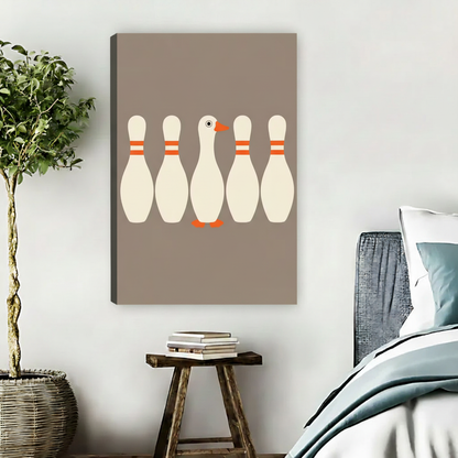 Whimsical duck hiding among bowling pins mid-century float frame canvas wall art beside blue grey bed with wooden stool and wicker basket in nature-inspired bedroom