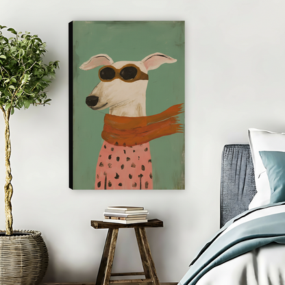 Whippet Dog Goggle Scarf Vintage Framed Canvas Wall Art| Liberty Signs #L1633