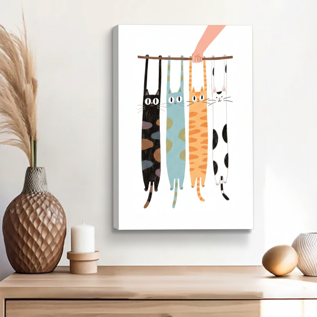 Black blue orange tabby and white cat hanging from branch humorous float frame canvas wall art above wooden sideboard with pineapple vase and ceramic decor in contemporary living room