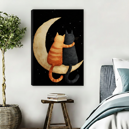 Whimsical cats on crescent moon starry night float frame canvas wall art beside bed with wooden stool in warm nature-inspired bedroom