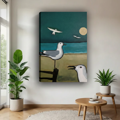 Gallery-wrapped seagull canvas print, coastal birds on sandy beach under teal night sky, frameless wall art for modern living room