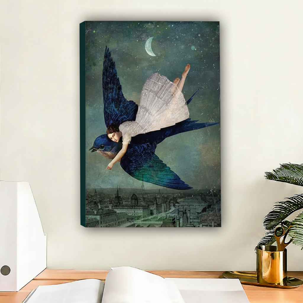 Fantasy bird flight framed canvas art — dreamy woman soaring through a starry night sky on a bluebird