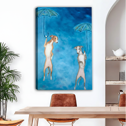 Gallery-wrapped greyhound canvas print, two Italian greyhounds with umbrellas on turquoise background, frameless wall art