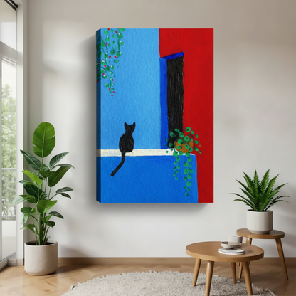 Black cat sitting on Mediterranean blue red wall canvas art, frameless gallery wrap, vibrant color block with hanging plants, hung in a modern airy living space