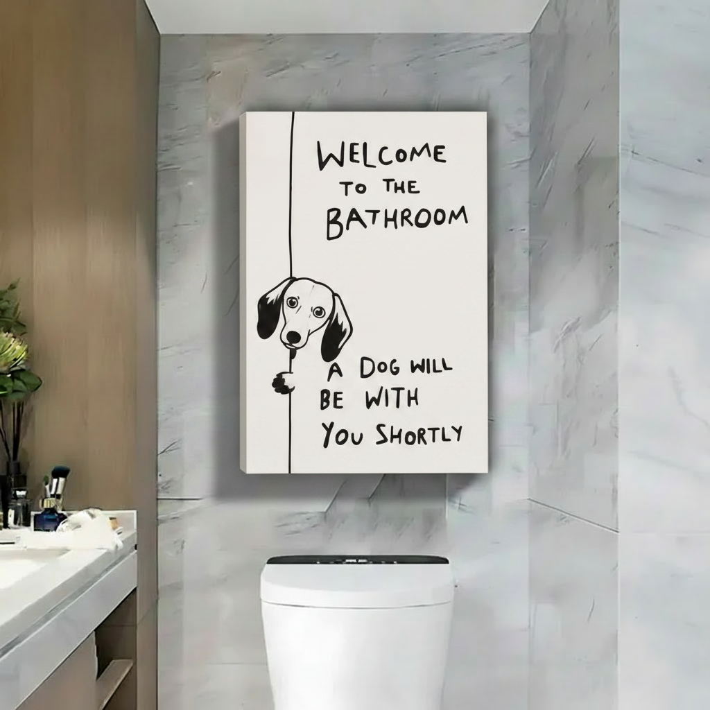 Framed dachshund bathroom canvas wall art, humorous "A Dog Will Be With You Shortly" quote with peeking wiener dog, float frame canvas print for modern bathroom