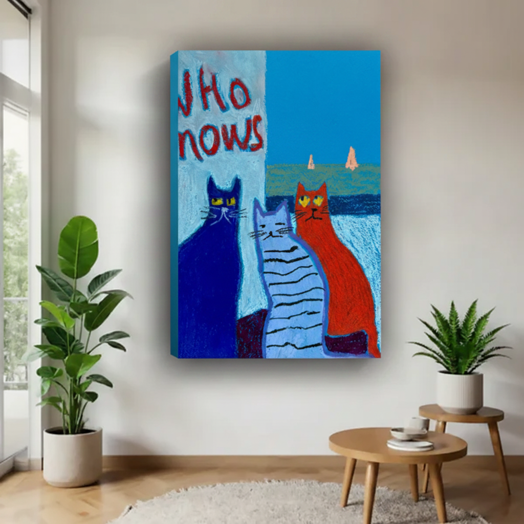 Three cats "Who Knows" canvas wall art, frameless gallery wrap, bold blue oil painting with ocean sailboat background, hung in a modern airy living room with tropical plants