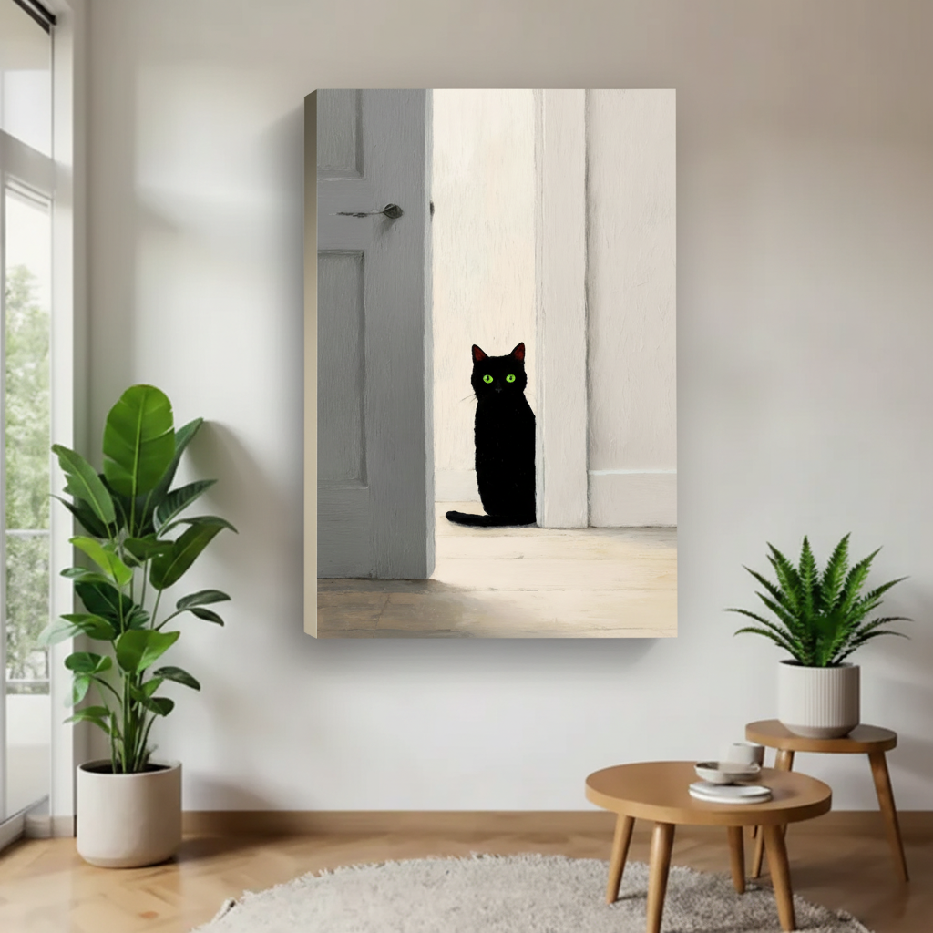 Black cat with glowing green eyes white doorway light shadow minimalist illustration float frame canvas wall art on white wall with fiddle leaf fig and round oak coffee table in contemporary living room