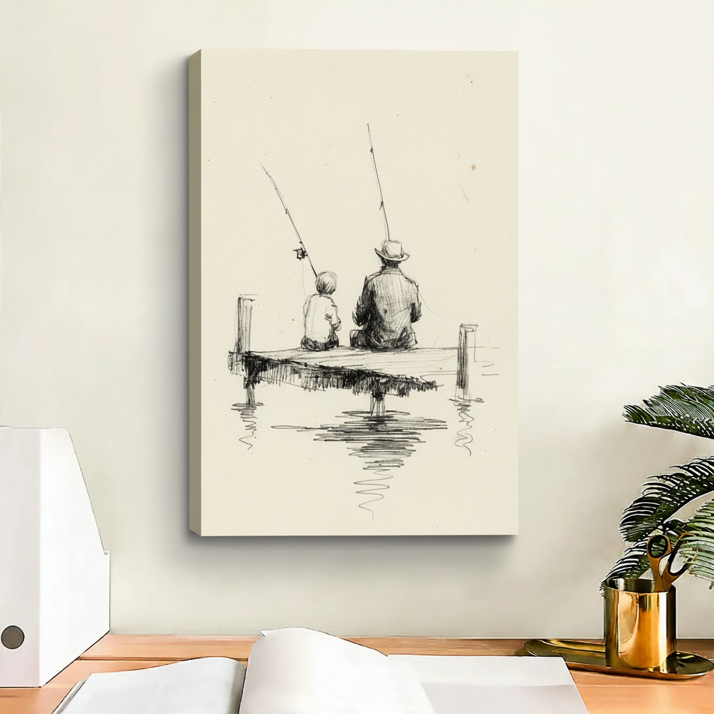 Dad and child fishing together dock pier charcoal drawing float frame canvas wall art above wooden desk with gold mug and open notebook in contemporary home office