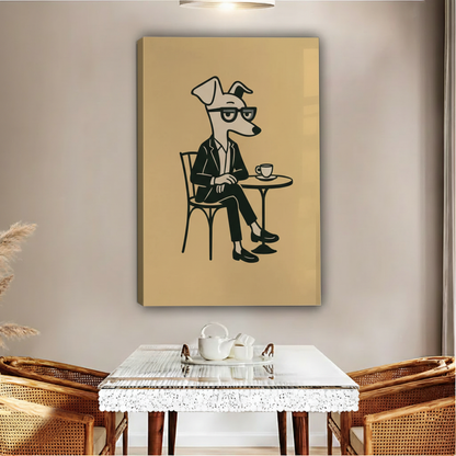 Dapper greyhound in black suit glasses sitting at cafe table coffee cup mustard yellow background float frame canvas wall art above glass dining table with rattan chairs in contemporary dining room