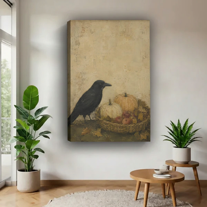 Rustic Crow and Pumpkins Canvas Wall Art | Framed & Unframed l4872