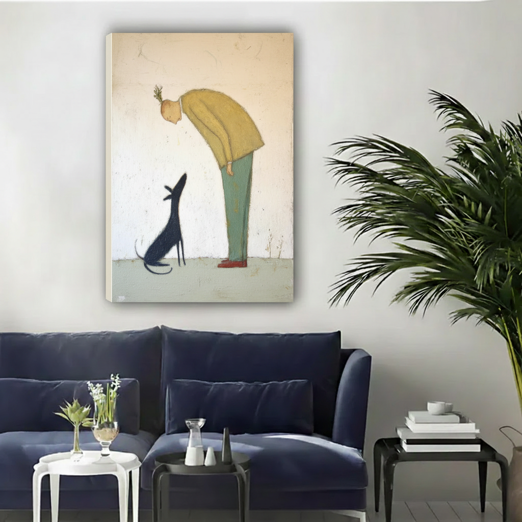 Tender man in yellow sweater bowing to black greyhound dog minimalist float frame canvas wall art above navy velvet sofa with white side table and black coffee table in contemporary living room