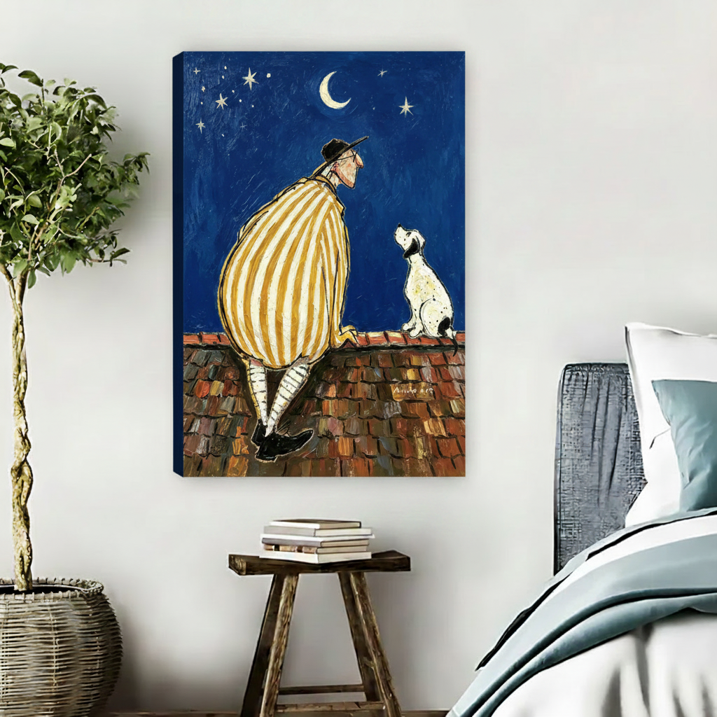 Yellow striped coat man white spotted dog rooftop moonlit night sky oil painting canvas wall art unframed above wooden stool with books and wicker basket in contemporary boho bedroom