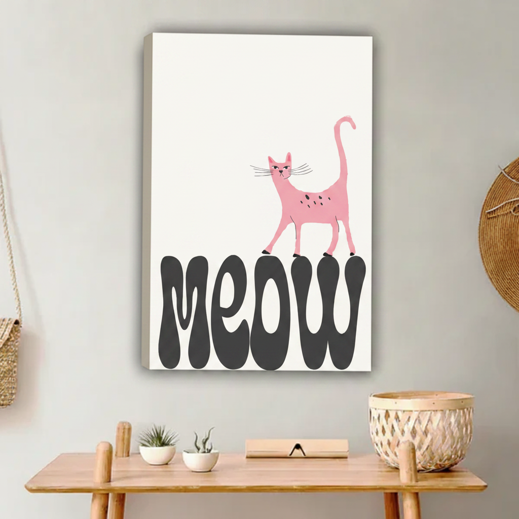 Whimsical pink cat meow typography float frame canvas wall art above wooden entryway bench with wicker basket and ceramic decor in contemporary hallway