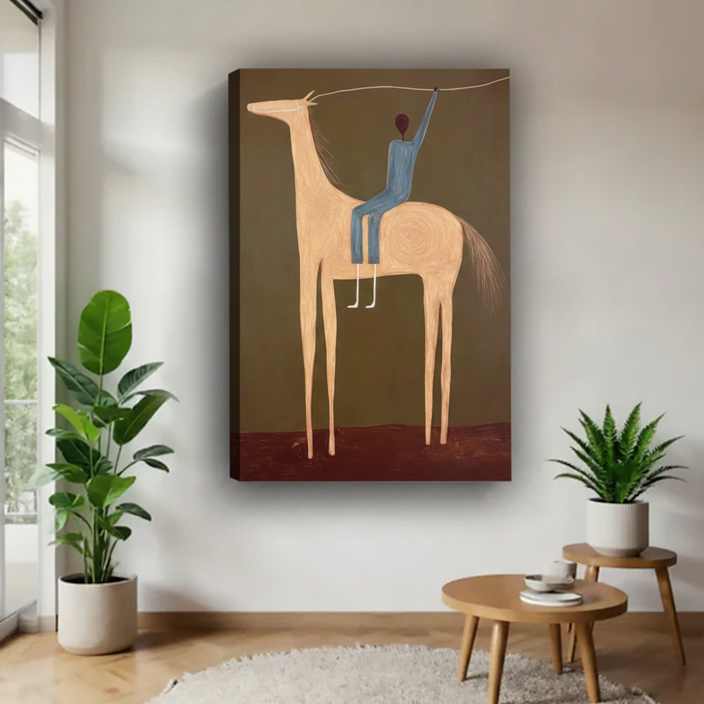 Frameless gallery wrap canvas art print of minimalist horse and rider — abstract equestrian wall decor, no frame