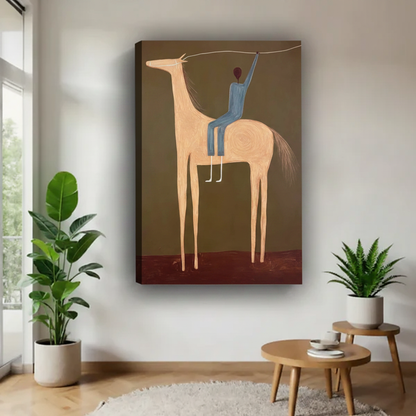 Frameless gallery wrap canvas art print of minimalist horse and rider — abstract equestrian wall decor, no frame