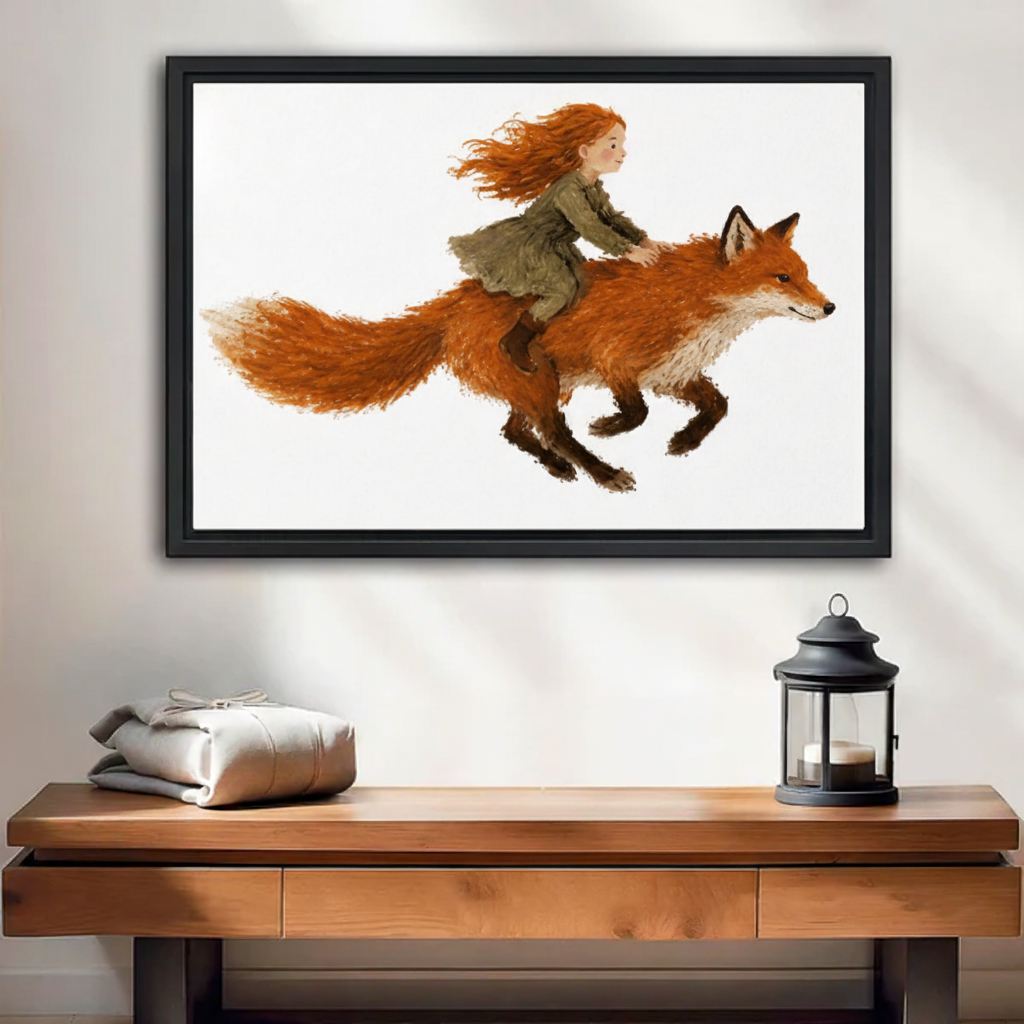 Whimsical watercolor framed canvas art of a red-haired girl riding a running fox, above entryway console table