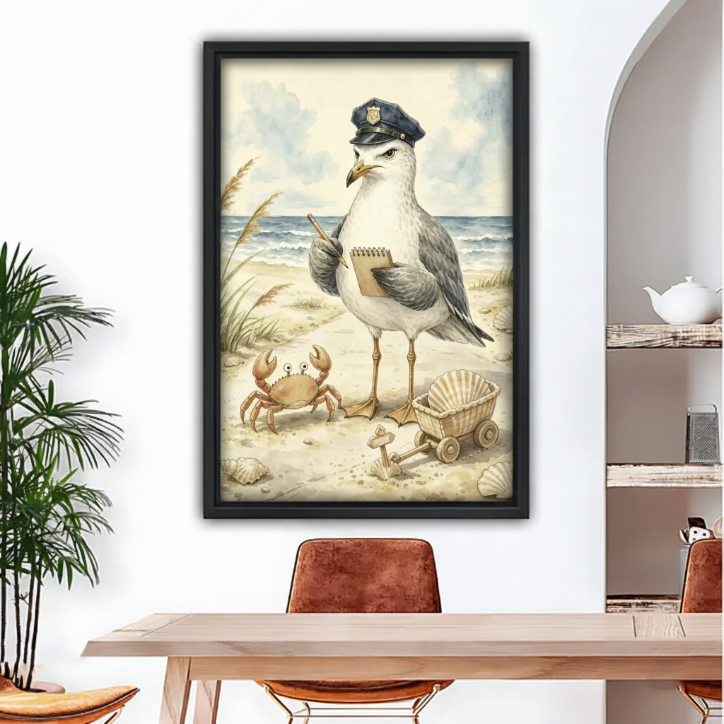 Funny seagull police officer beach watercolor framed wall art print hanging above dining table, humorous coastal illustration