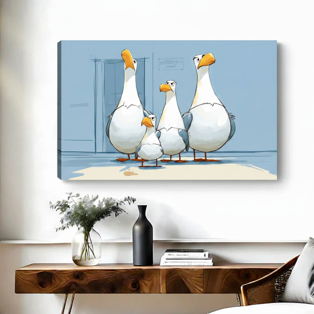 Funny seagull canvas art no frame above wooden console, coastal wall decor