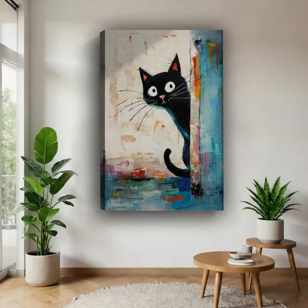 Peeking black cat canvas art print — abstract oil painting style cat lover wall decor with bold multicolor background