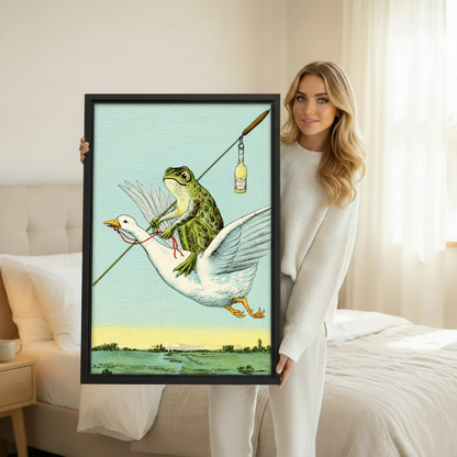 Vintage frog illustration canvas print above white desk in cozy room