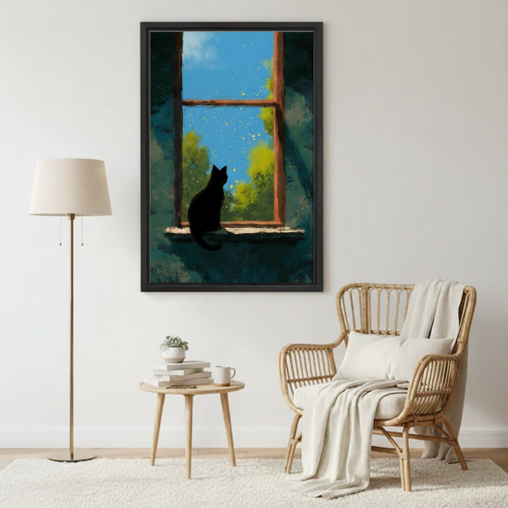Black Cat Window Starry Night Whimsical Wall Art Print l1987
