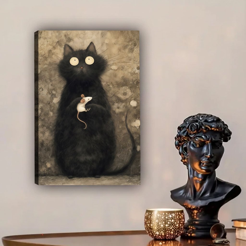 Wide-eyed black cat with white mouse illustration on aged floral background – vintage gothic canvas art