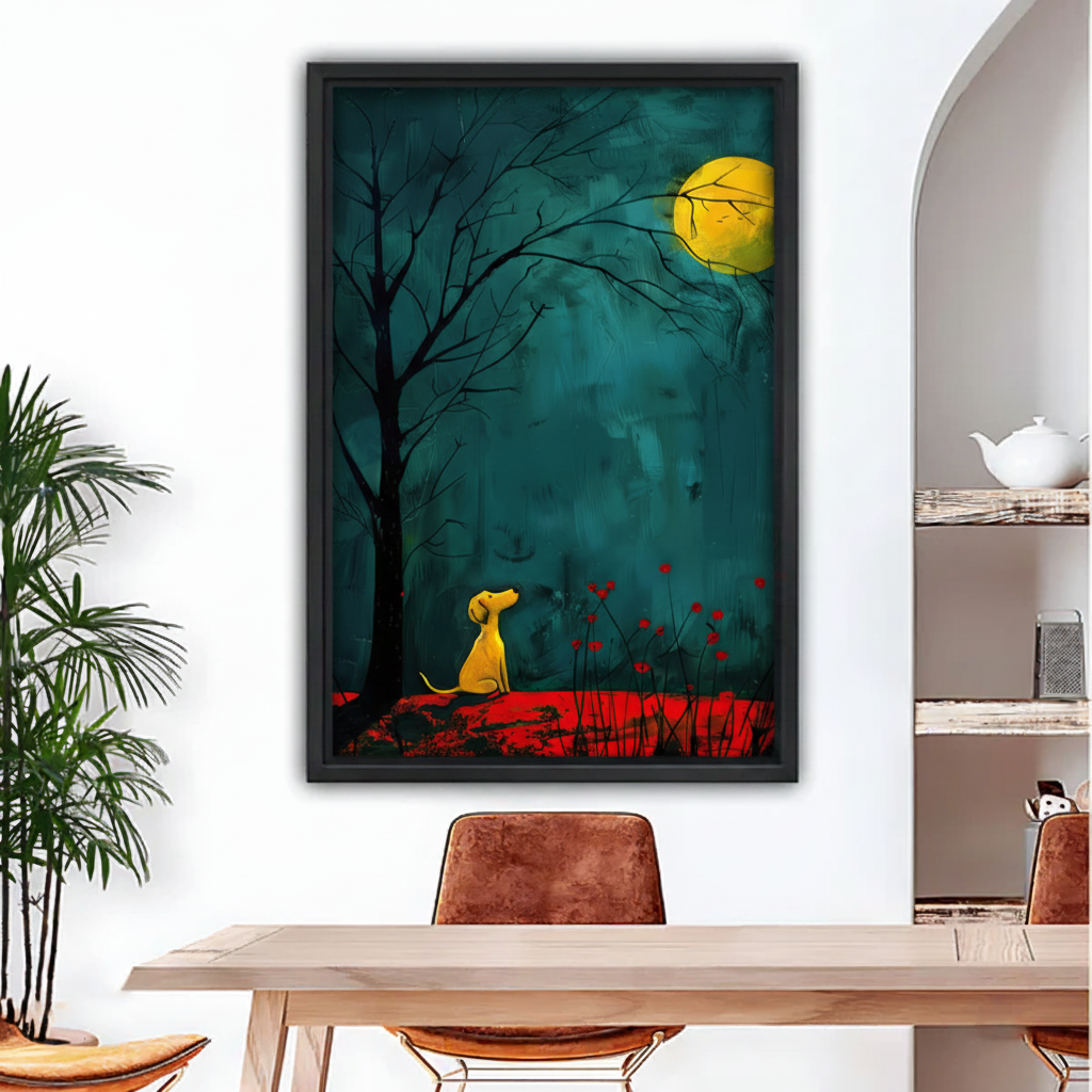 Lonely dog moonlit night moody illustration framed canvas wall art – black frame above modern dining table